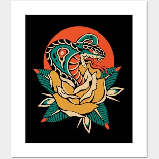 Snake Roses Traditional Vintage Tattoo Posters and Art